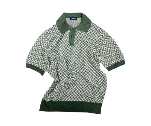 Drumohr - Green &amp; White Signature Pattern Open Collar Knit